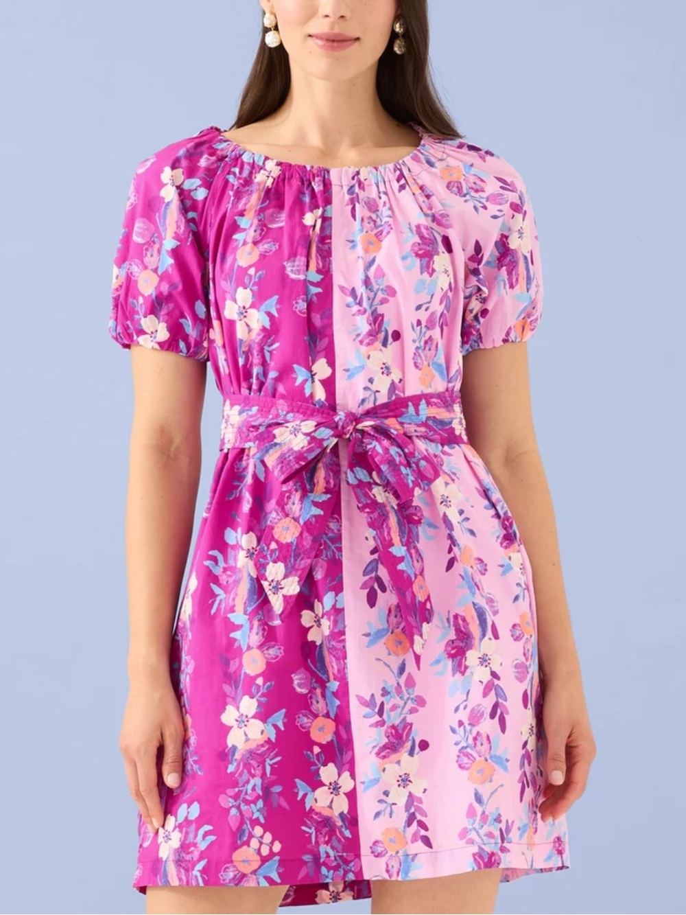 Two-Tone Floral Tie-Waist Mini Dress in Fuchsia & Light Pink Ālivia